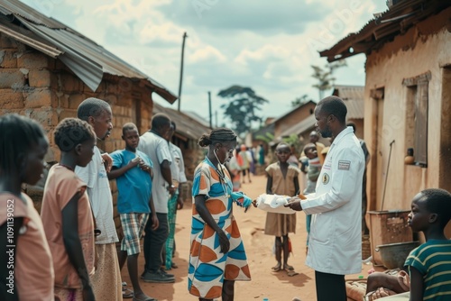 Doctor providing medical assistance woman in vibrant dress in African village, surrounded by children villagers, healthcare accessibility dedication to improving public health in underserved areas. photo