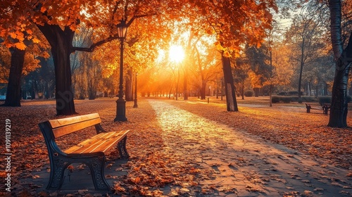 A quiet, empty park at sunrise with no one in sight, the soft rustling of leaves and distant birdsong creating a feeling of quiet loneliness in the peaceful solitude photo