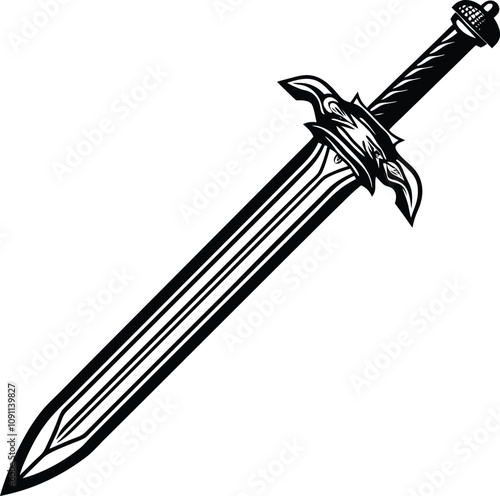 Ornate Fantasy Sword Black and White, Eagle Design, Sharp Blade