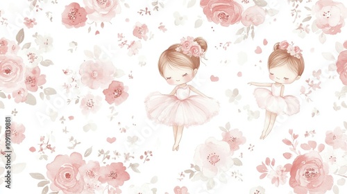 Ballet dreams, pastel floral background with adorable ballerina illustrations, delicate and whimsical theme