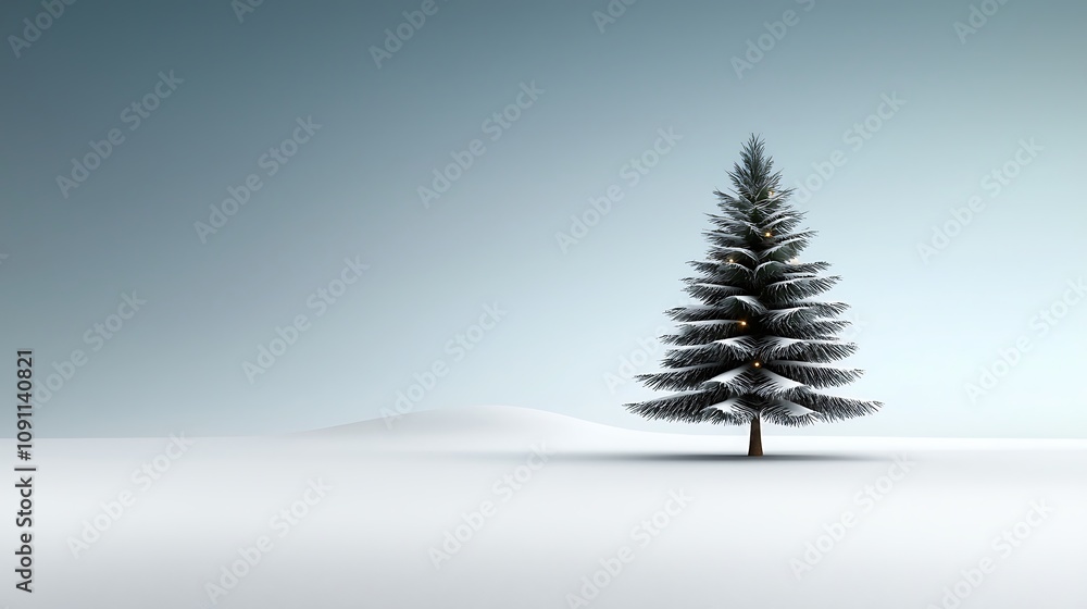Fototapeta premium Frosty Christmas tree surrounded by snowflakes and shimmering lights, glowing softly against a peaceful winter sky with pale blue hues, Ultra-Realistic, Photo Realistic, highly detailed, 