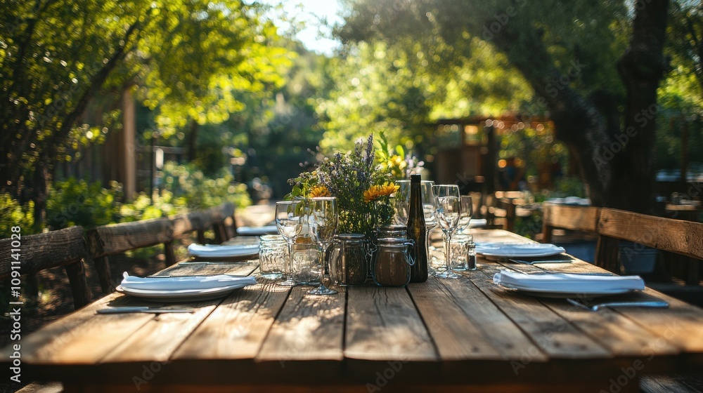 Obraz premium Rustic wooden tables set for a hearty meal outdoors, showcasing local produce and homemade dishes.