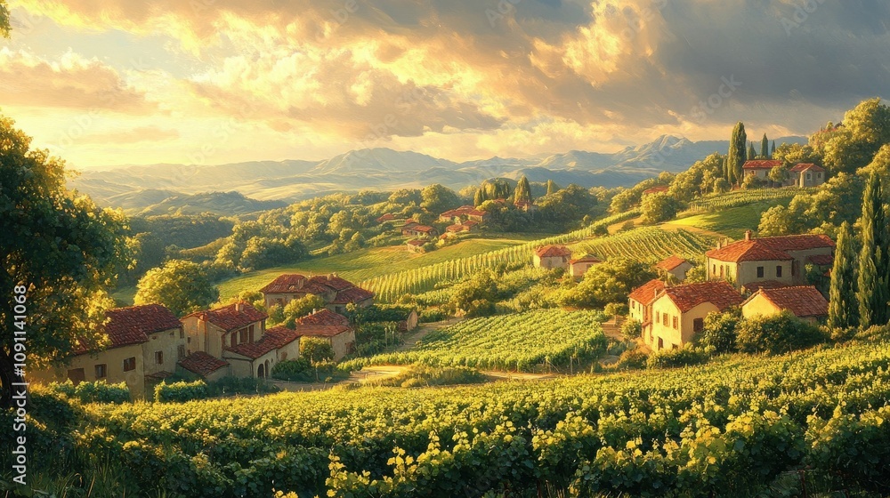 Obraz premium Scenic countryside featuring rolling hills, lush vineyards, and quaint traditional houses.