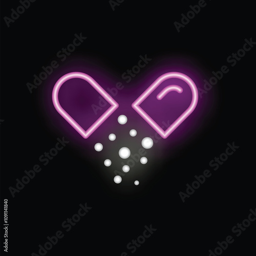 Glowing neon purple open medical capsule spilling small white balls on dark background