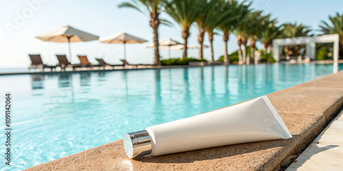 A squeezable tube by the pool, featuring a white body with a metallic cap, ideal for sunblock, lotion, or skincare products, reflecting a clean and modern aesthetic. photo