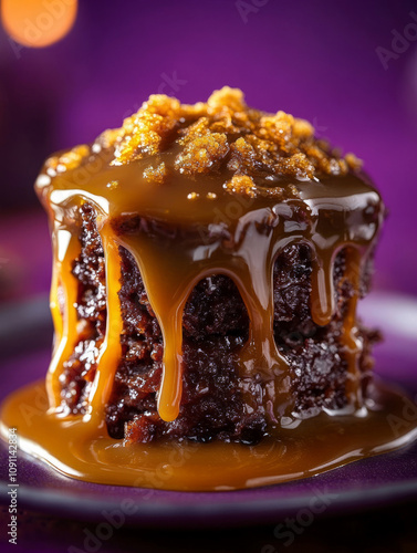 Sticky toffee pudding with caramel sauce dripping.