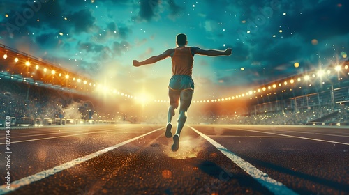 Inspirational Athlete Running Towards Victory at a Twilight Track Stadium with Dramatic Lighting and Motion Blur Effects in a Competitive Environment