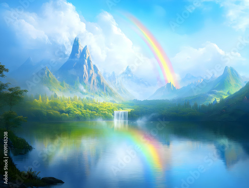 Rainbow Background Landscape and Image - A serene landscape featuring mountains, a rainbow, and a tranquil lake.