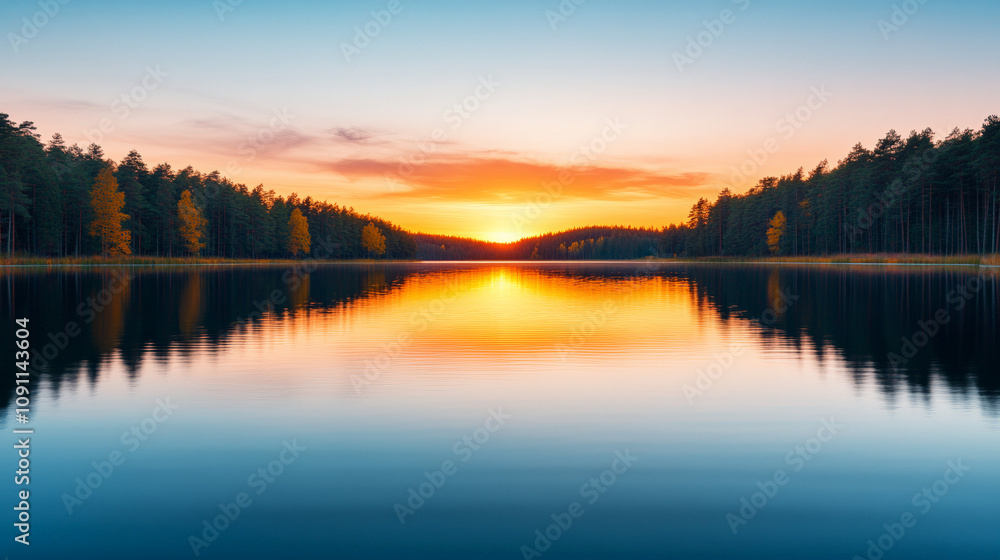 Serene Sunset Reflection: A breathtaking panorama captures the golden hues of a sunset mirrored in the tranquil waters of a still lake, surrounded by a lush forest. The scene evokes a sense of peace. Serene Sunset Reflection: A breathtaking panorama captures the golden hues of a sunset mirrored in the tranquil waters of a still lake, surrounded by a lush forest. The scene evokes a sense of peace.
