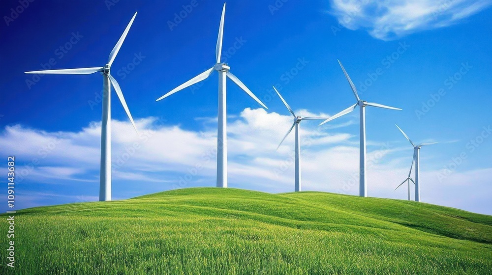 Fototapeta premium A Scenic View of Wind Turbines Over Rolling Green Hills Under a Bright Blue Sky with Fluffy White Clouds, Representing Renewable Energy and Sustainable Nature