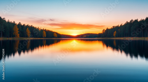 Serene Sunset Reflection: A breathtaking panorama captures the golden hues of a sunset mirrored in the tranquil waters of a still lake, surrounded by a lush forest. The scene evokes a sense of peace.