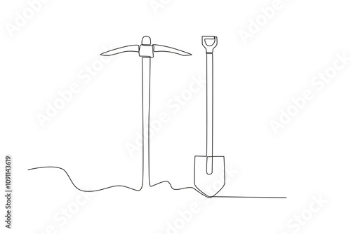  Single continuous line drawing of pickaxe and shovel. Dynamic single line draw design graphic vector illustration.