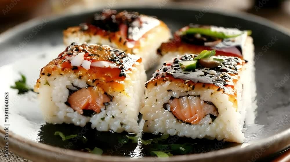 Deliciously Crafted Sushi Rolls with Glazed Salmon and Savory Toppings on a Plate Deliciously Crafted Sushi Rolls with Glazed Salmon and Savory Toppings on a Plate