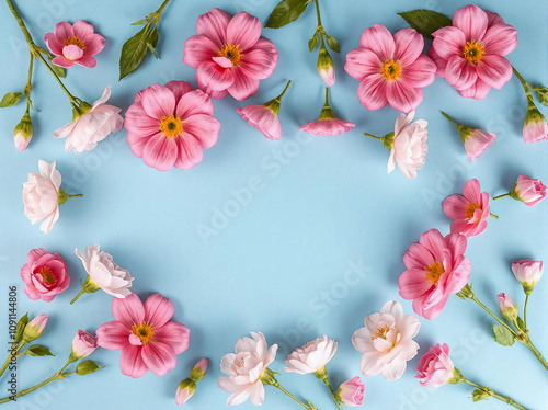 Decorative pink and white flowers on a blue background. Copy space. Top view.
