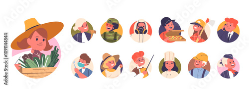 Smart children cartoon characters presenting various professional job occupation isolated avatar set
