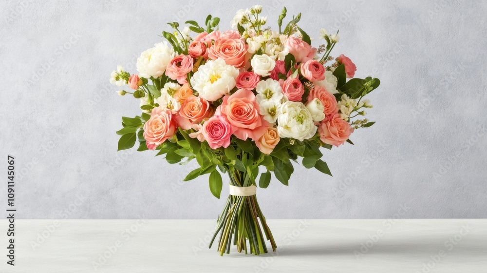 Fototapeta premium Beautiful bouquet of pink and white roses with greenery on a light background, perfect for weddings, events, and floral arrangements showcasing elegance and romance.