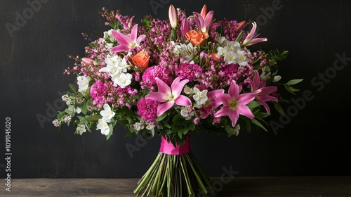 Wallpaper Mural Vibrant Floral Arrangement with Mixed Flowers Including Lilies, Roses, and Wildflowers Against a Dark Background for Beautiful Decoration and Celebratory Occasions Torontodigital.ca