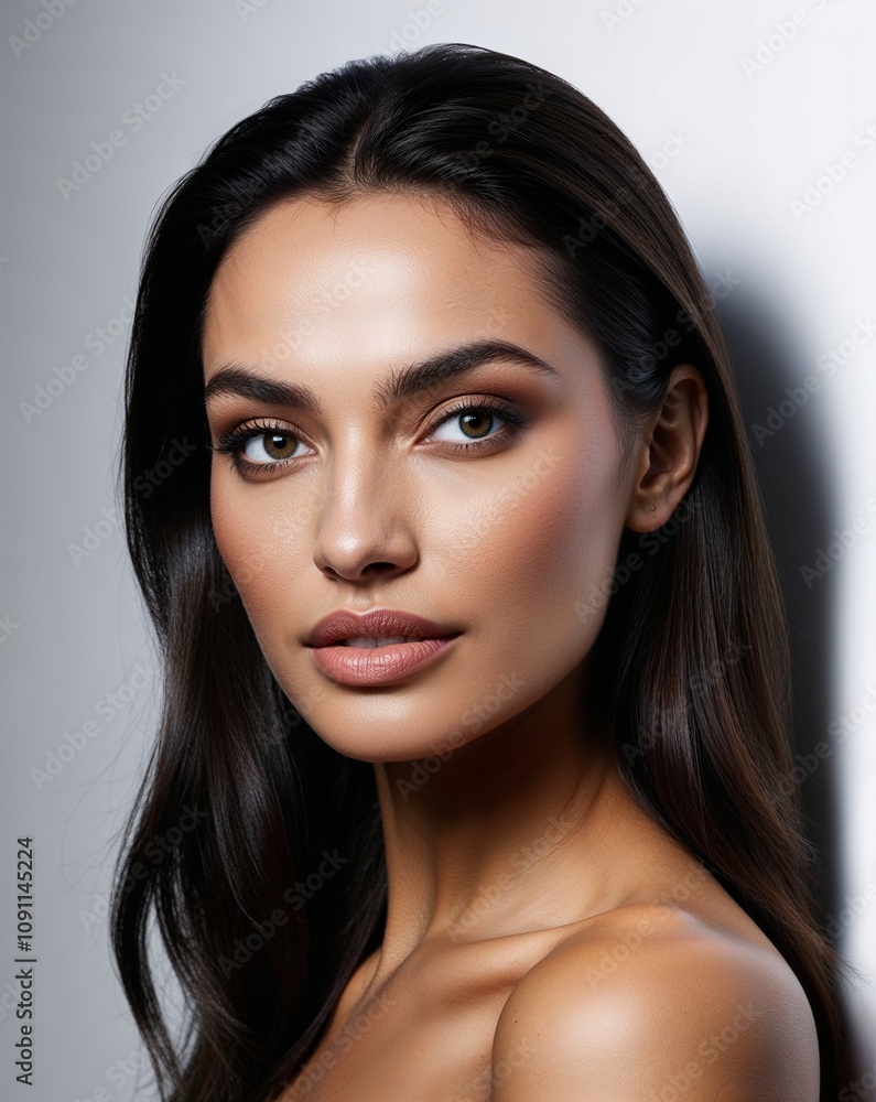 Close-Up of a Young, Beautiful Female Model with Medium Skin, Striking Dark Eyes, and Flowing Hair on a White Background Close-Up of a Young, Beautiful Female Model with Medium Skin, Striking Dark Eyes, and Flowing Hair on a White Background