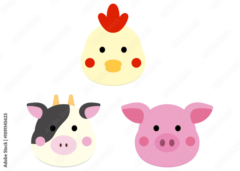 Obraz premium かわいい牛鶏豚の顔イラスト
