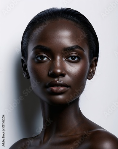 Close-Up of a Beautiful Young Female Model with Dark Skin and Voluminous Hair on a White Background