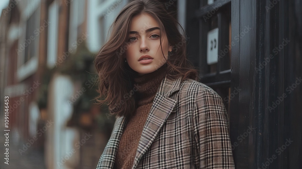 A stylish young woman showcases her trendy outfit while walking confidently down a bustling city street in autumn A stylish young woman showcases her trendy outfit while walking confidently down a bustling city street in autumn