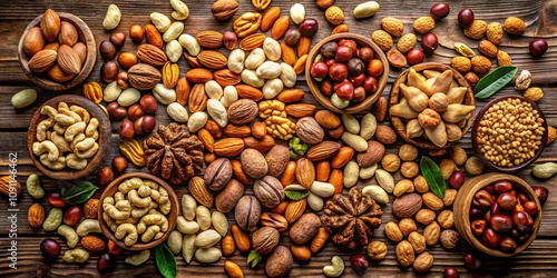 Aerial View of a Colorful Pile of Mixed Nuts Including Almonds, Walnuts, Cashews, and Macadamia Nuts on a Rustic Wooden Background for Healthy Snack Promotion photo