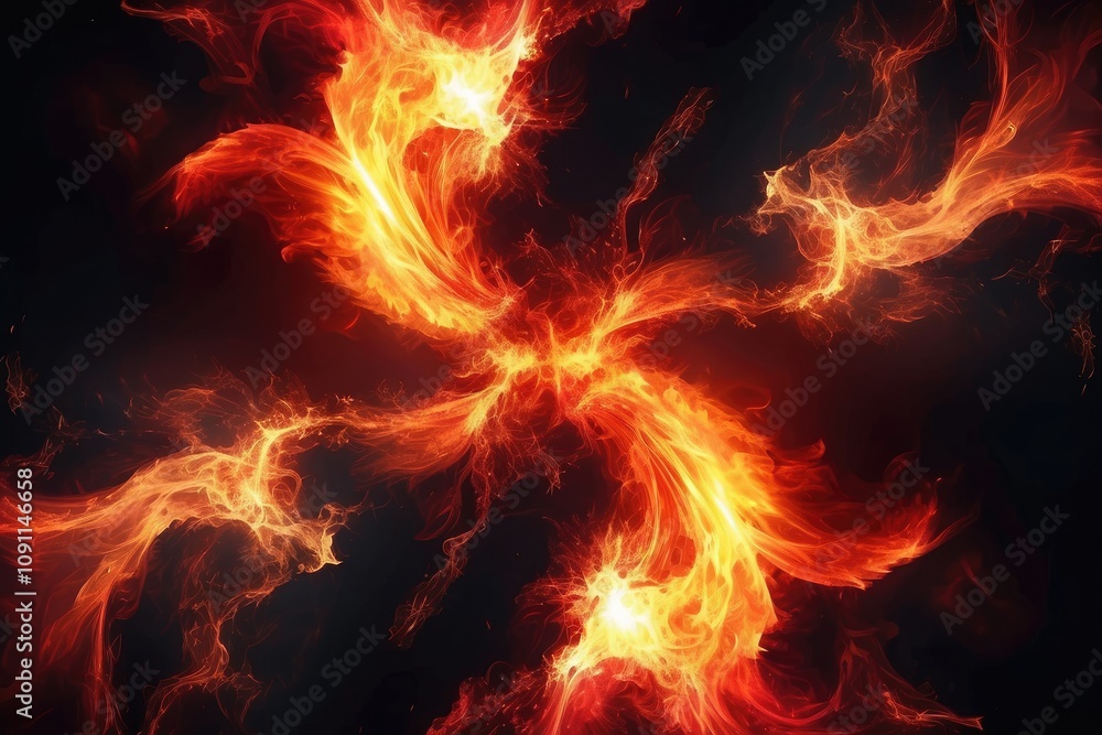 Fototapeta premium Dramatic fire and smoke effect glowing red and yellow colors exploding outwards with center space. Vivid and hot hell abstract or blazing fire background or wallpaper
