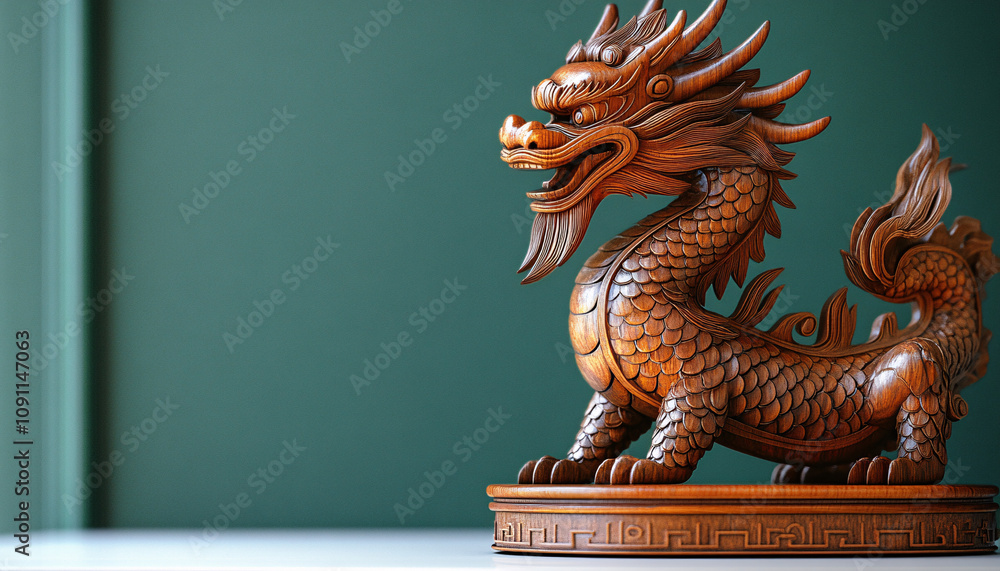 Fototapeta premium An elegant wooden dragon figurine against a rich green wall, perfect for Chinese New Year decorations or creative design projects, evoking calmness and creativity.