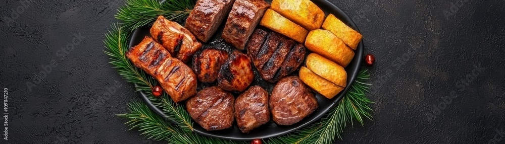 Obraz premium Kwanzaa African Cuisine Concept. A delicious assortment of grilled meats served on a platter, complemented by golden, crispy sides and a fresh green garnish
