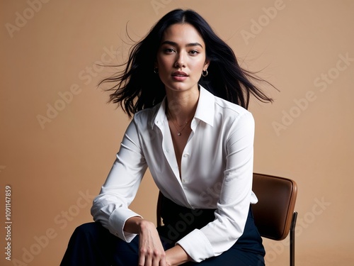 Stylish Portrait of a Young Woman in a White Blouse with Natural Hair and Calm Confidence