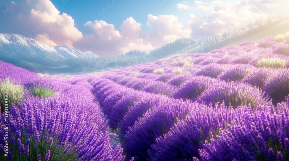 Fototapeta premium Create a prompt for an image of a vibrant lavender field on a sunny day