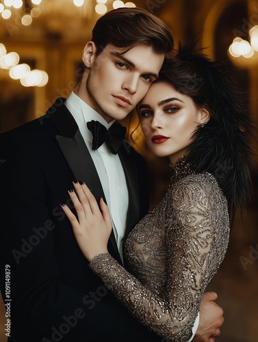 Elegant 1920s Inspired Couple in Glamorous Attire Captured in a Luxurious Setting, Perfect for Vintage Romance or Gatsby-Themed Projects