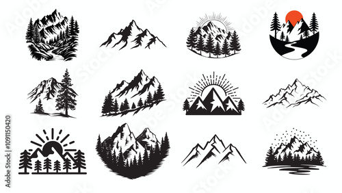 Mountains Bundle Silhouette, Forest Tree Silhouette.