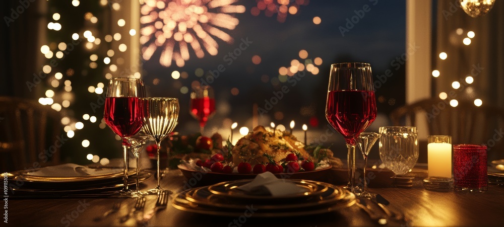 festive table set for New Year feast with fireworks in background festive table set for New Year feast with fireworks in background
