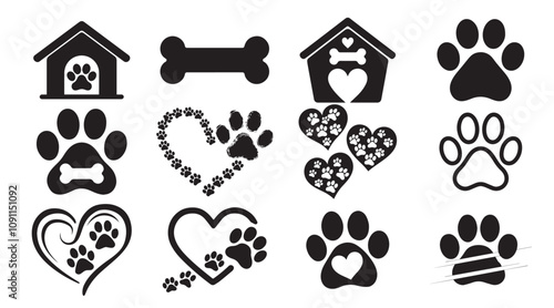 Paw Print Bundle Silhouette, Dog Foot Print set Silhouette, Animal Paw icon set.