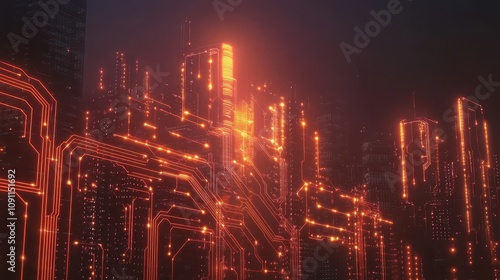 Wallpaper Mural A futuristic cityscape with glowing circuitry elements, suggesting advanced technology. Torontodigital.ca