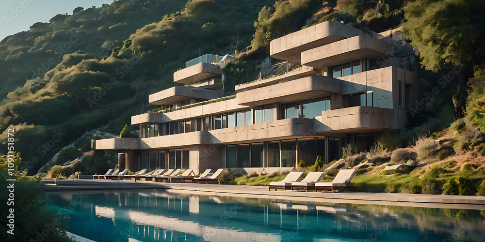 Fototapeta premium futuristic brutalist villa building in the hill, created by generative ai