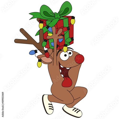 Funky trippy Reindeer with Christmas gift box. Vector Reindeer in garland isolated white background. Santa claus assistant template design. Ideal for xmas postcard crad poster t-shirt print. 
