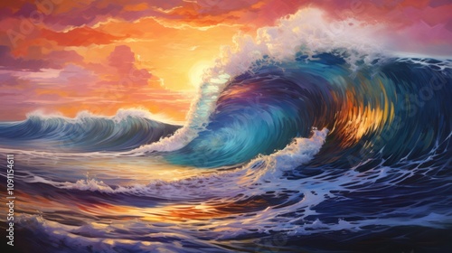 An intense ocean wave falling in shades of blue, purple, and orange as the sun sets on the horizon, creating a dramatic and colorful seascape photo