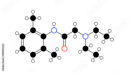 lidocaine molecule, structural chemical formula, ball-and-stick model, isolated image lignocaine photo