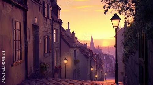 A warm and inviting summer sunset over a charming village, with the sky transitioning from bright gold to soft lavender.