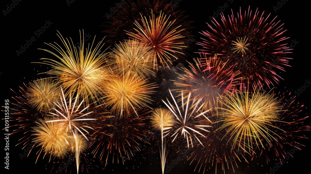 Fototapeta premium Brilliant gold fireworks bursting in a colorful array against a deep night sky, capturing the excitement and joy of a New Year celebration. Isolated on white background 