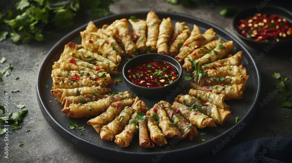 Fototapeta premium Crispy Spring Rolls with Fresh Herbs and Dipping Sauce Arranged in a Circular Pattern on Slate Plate for Delicious Appetizer Presentation