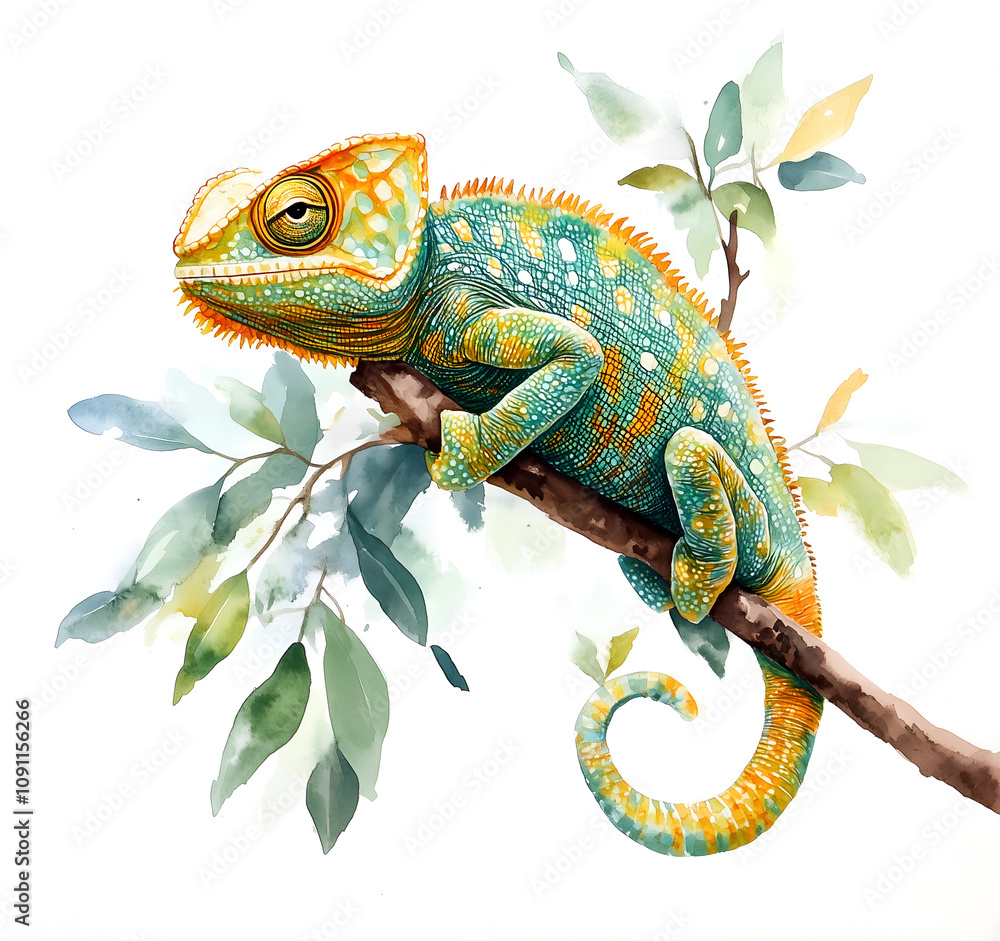 Obraz premium Isolated chameleon perched on a branch, with a detailed full-body illustration against a white background.