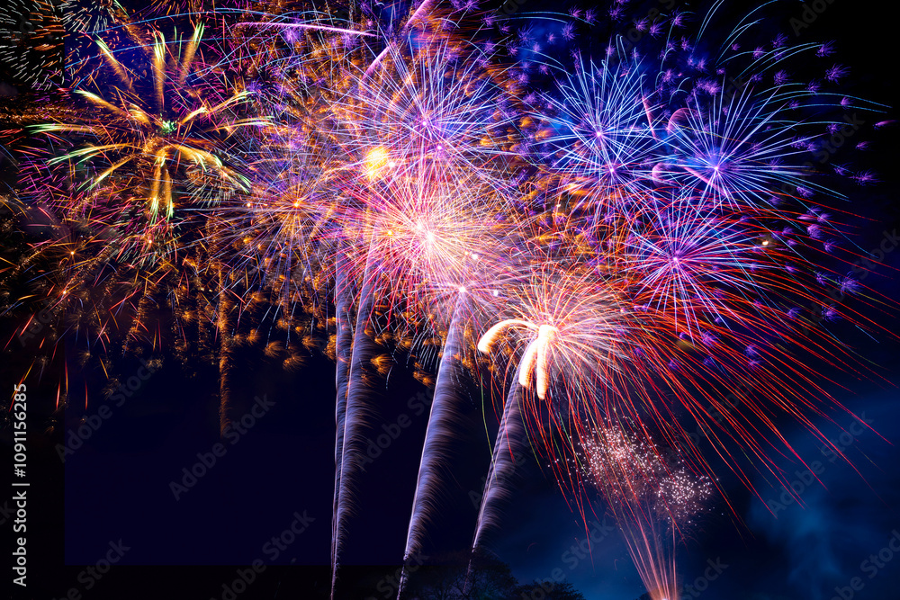 colourful firework display set for celebration happy new year and merry christmas and fireworks on black background
