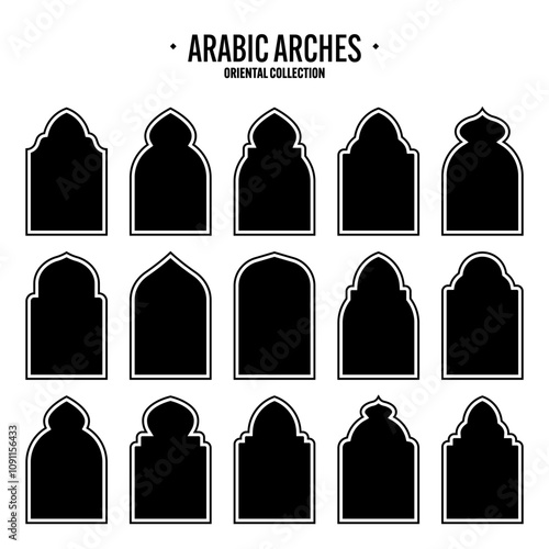 Islamic frames, oriental style objects. Arabic shapes, windows and arches. Traditional ornamental banner, frame. Muslim holidays, Ramadan Kareem. Modern eastern architecture. Vector illustration