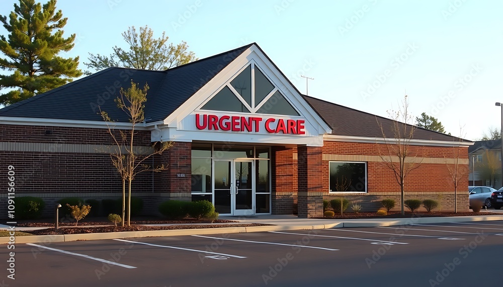 Rural clinic with urgent care sign, brick structure, and parking area