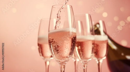 Close-up of sparkling rose champagne being poured into elegant crystal glasses against a soft pink background, bubbles rising with gentle effervescence isolated on white background 