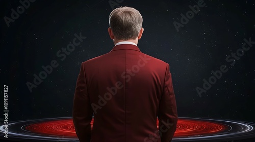 2025 business analytics concept. A person in a red suit stands with their back to a glowing, circular red and black background, evoking a sense of mystery and intrigue.