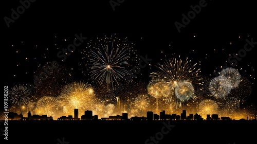 Eye-catching collage of gold fireworks cascading through the night sky, offering a lively and celebratory scene for New Yearâ€™s festivities. Isolated on white background